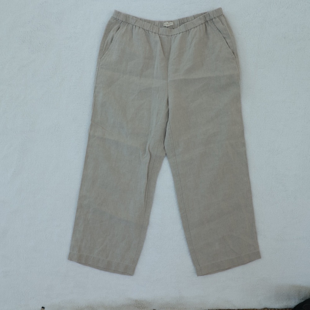 Eileen Fisher 100% Linen Cropped Pants Womens Medium M Tan/Grey Wide Leg Pull On